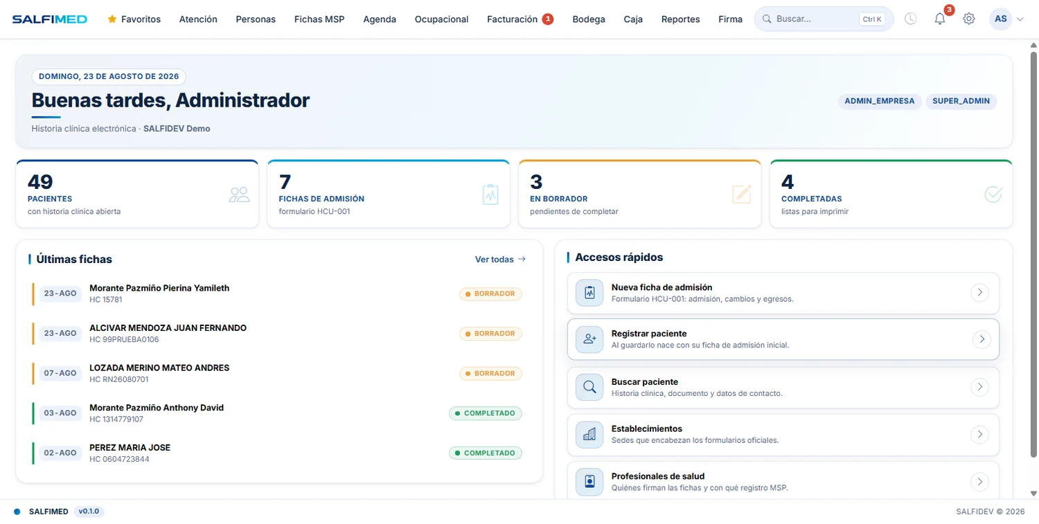 SALFIMED con la barra de menús estilo Docs/Word, el resumen del día y los accesos rápidos.