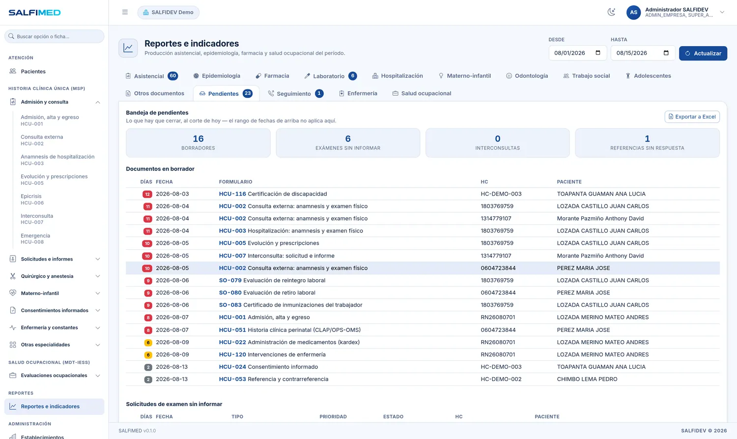 Reporte de documentos pendientes en SALFIMED.