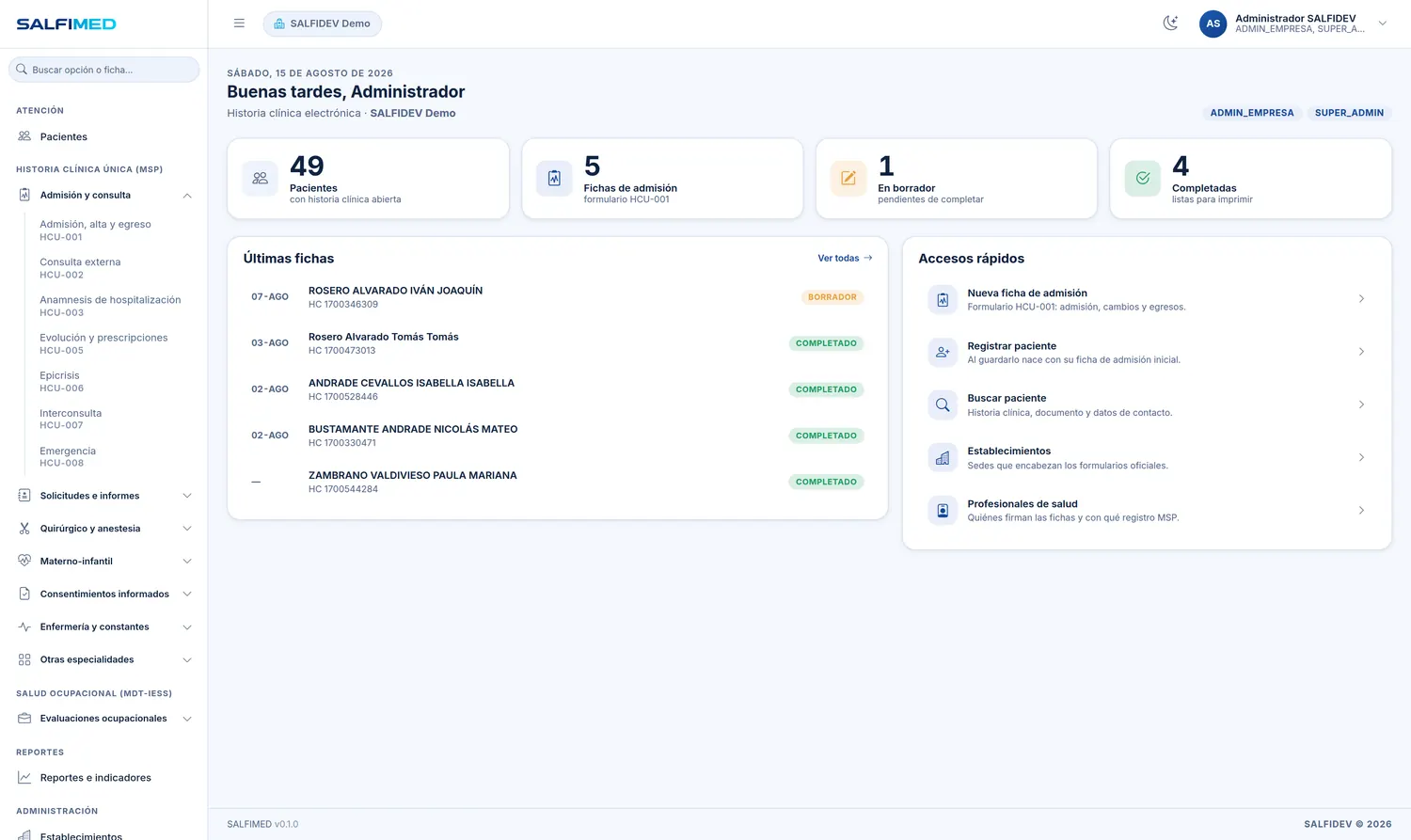 Tablero de SALFIMED con el resumen de pacientes, fichas en borrador y accesos rápidos.